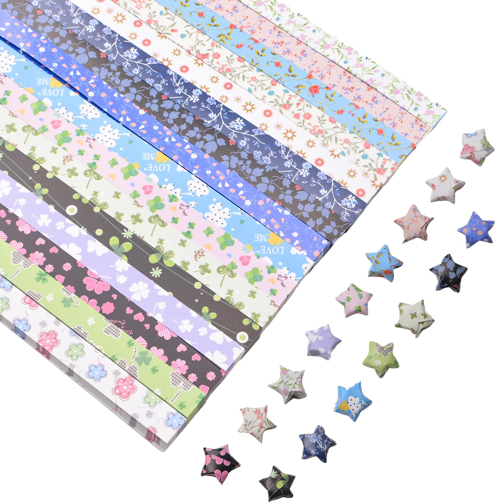 URROMA Star Paper Strips, 1600pcs Cartoon Floral Four Leaf Grass Pattern Origami Stars Paper Lucky Star Decoration Folding Paper for Art Handcrafts DIY