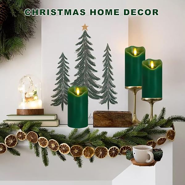 VEEKI FLAMELESS CANDLES LIGHT, SET OF 2 6″X3″ FLICKERING CHRISTMAS FLAMELESS CANDLES WITH REMOTE & TIMER, DIMMABLE REAL WAX PILLAR CANDLES BATTERY OPERATED, GREEN CANDLES FOR HOME XMAS DECOR (GREEN)