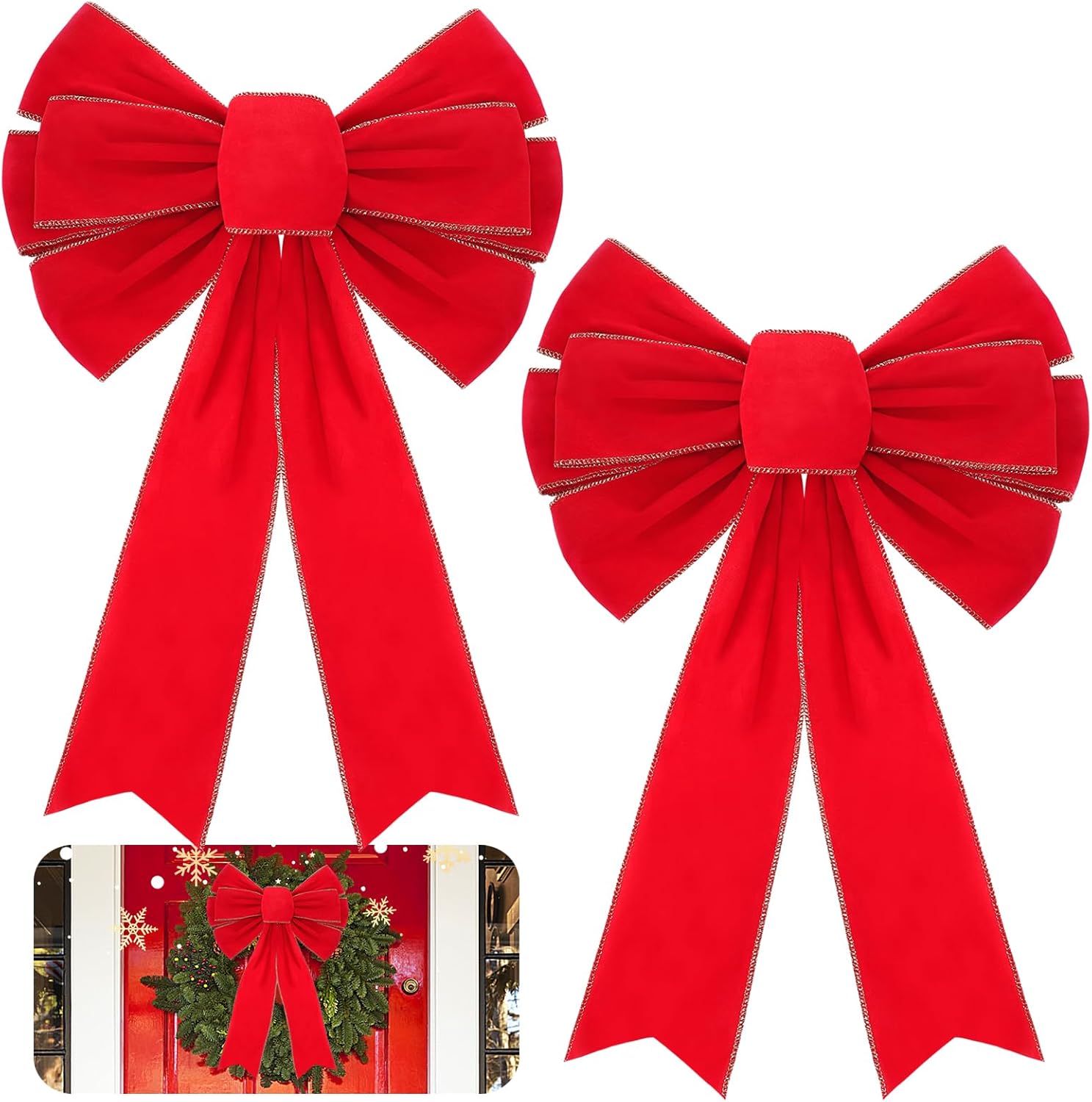 Bows & Ribbons - MEWTOGO 2 Pcs Large Christmas Red Wreath Bows - 23.6×15.7 in Velvet Red Bows with Golden Tie, Easy Hanging for Window Stairs Outdoor Porch Xmas Decoration Indoor Party Supplies