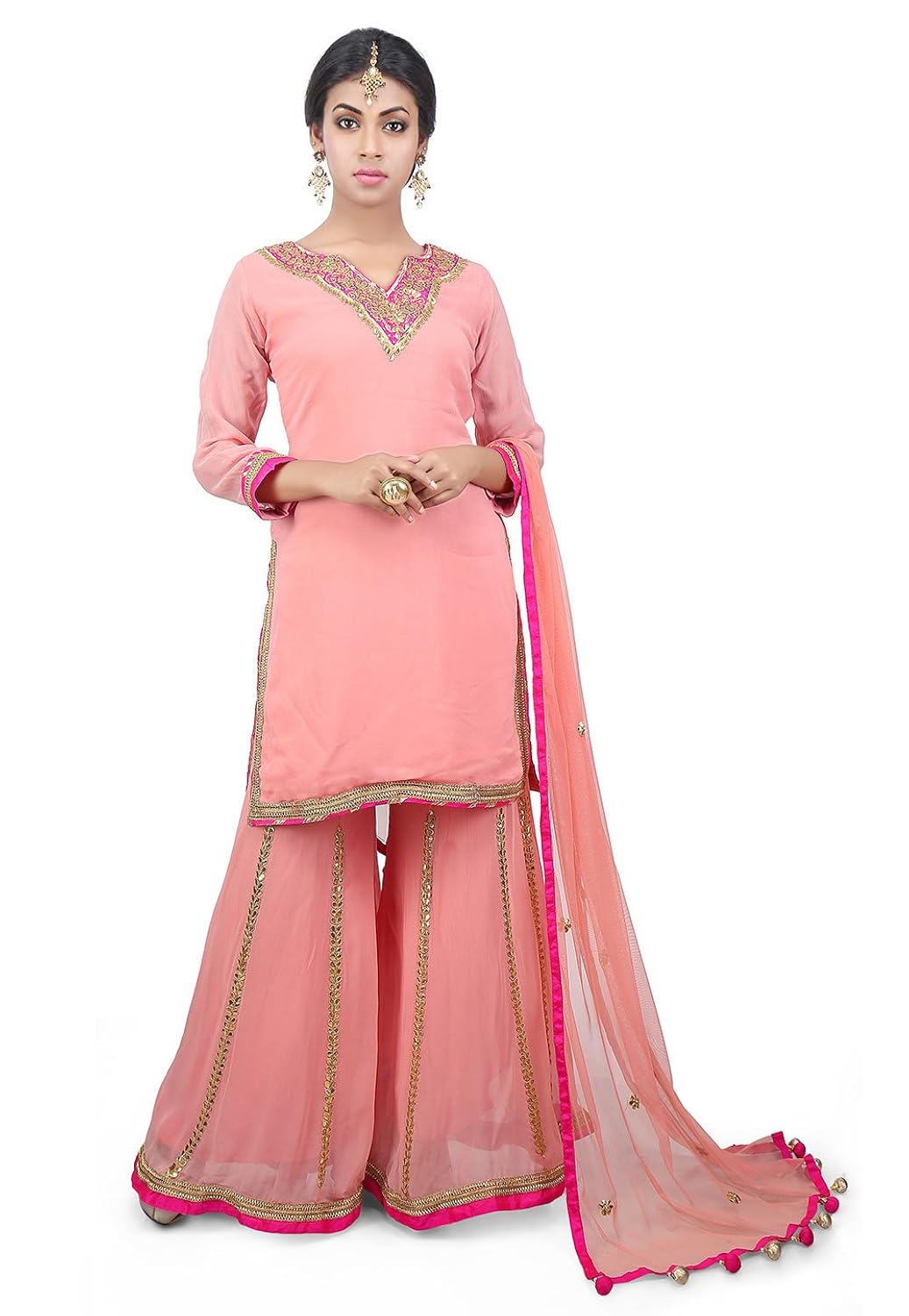 utsav fashion hand embroidered neckline georgette pakistani suit in peach