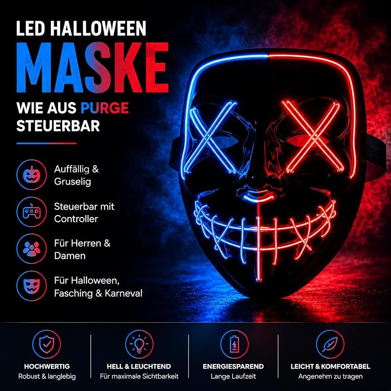 Máscara de terror LED rojo y azul - como de Purge con 3 efectos de luz, controlable, para Halloween como disfraz para hombres y mujeres — foto 3 de 7