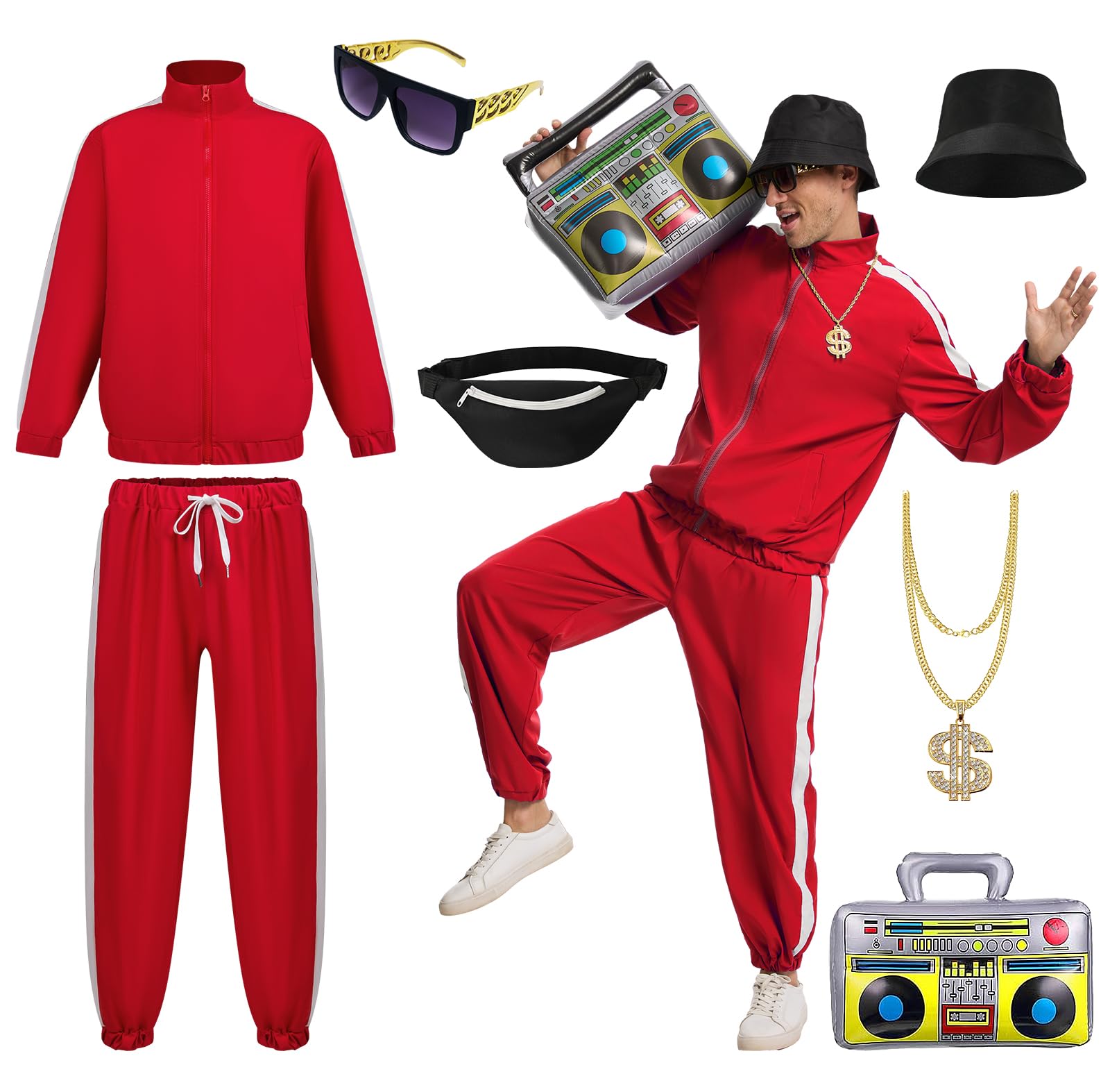 JDFAIJEAL Hiphop Costume Set for Men – Black Tracksuit with Hat, Glasses, Gold Round Necklace, Fanny Pack & Boombox Balloon – Hip Hop Outfit for Party, Halloween, Cosplay (Red, L)