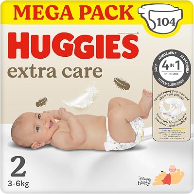 Extra Care Bébé Couches Taille 2 (3-6Kg), Ultra absorbantes, Design Disney, Pack Mega, 104 pièces