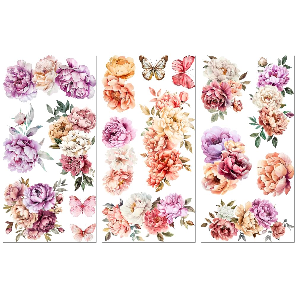 Peacoblue Rub on Transfer Decal Sticker French Peonies for Furniture Craft 6"x12", 3Pcs Vibrant Spring Floral Waterproof UV DTF Transfer Sticker for Dresser Lingerie Chests Drawer Glass Porcelain Wood