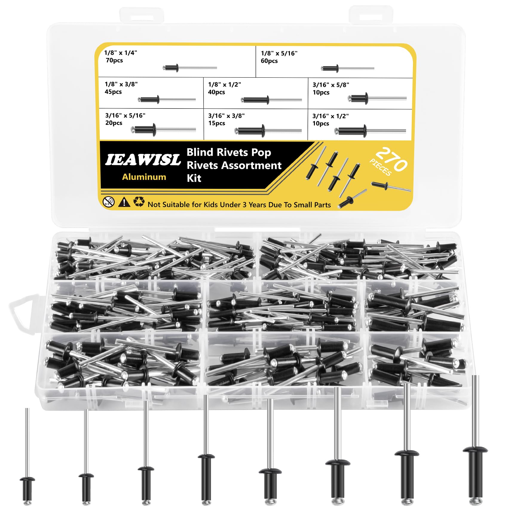 270PCS Black Pop Rivets Set, Aluminium Blind Rivets Assortment Kit with 8 Sizes (1/8" & 3/16"), Durable Dome Head Fasteners for Automotive, Guttering and DIY Repair, Organiser Case Included