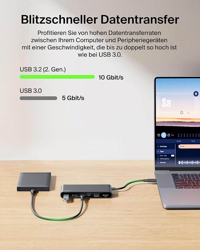 Connect 8-in-1 USB C Hub, Bildschirmauflösungen bis zu 4K bei 60 Hz, für Mac, Windows, Chromebook, 100 W PD, Datentransfer 10 Gbit/s, 2,5 Ethernet – Schwarz