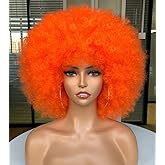 CURLCRAZY Afro Wigs for Black Women 70s Afro Kinky Curly Wig with Bangs Bouncy Huge Fluffy Puff Wigs Synthetic Hair for Cosplay Daily and Party 14Inch (Orange)