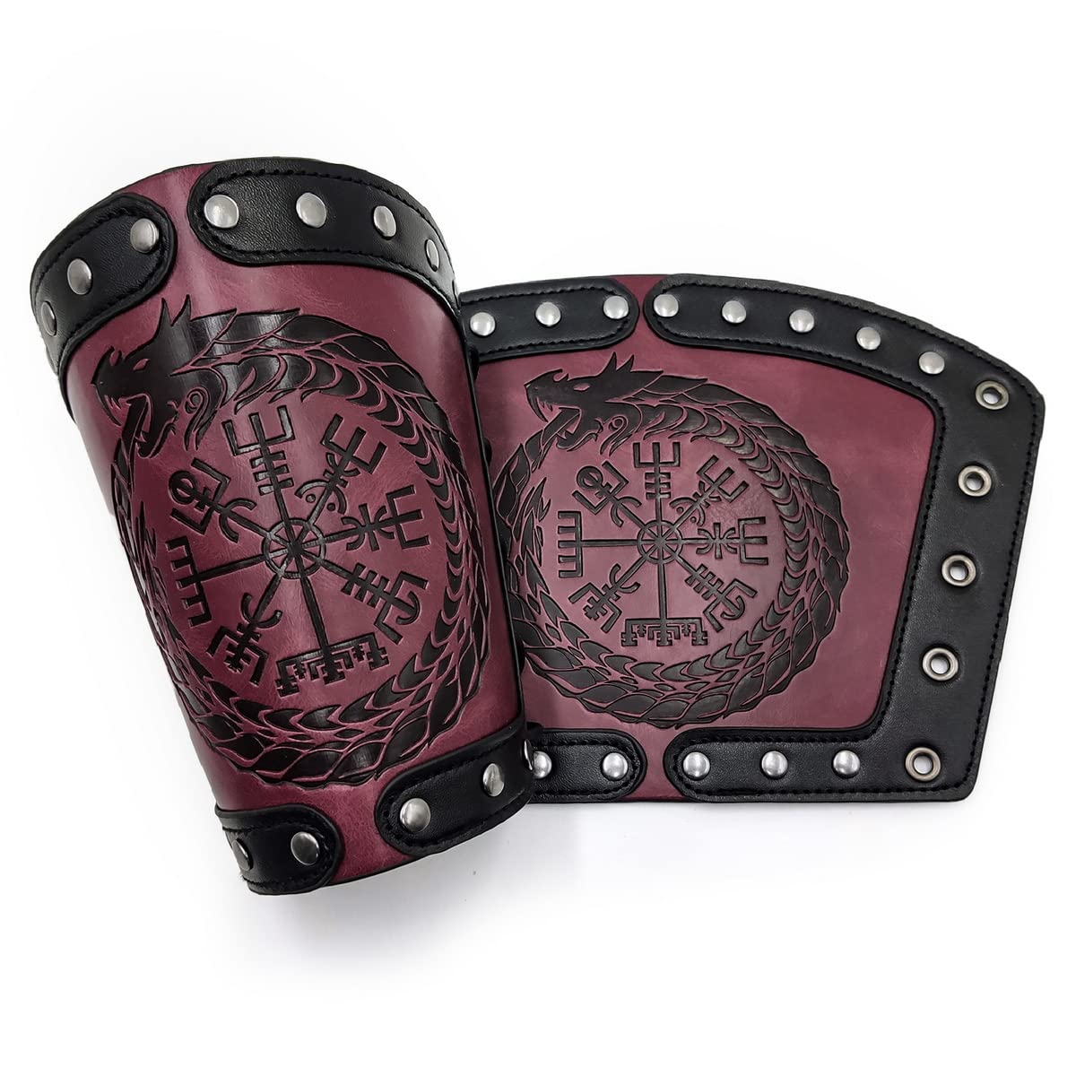 Viking Runic Compass Bracers, Gauntlet Wristband, Norse Viking Leather Arm Armor, Medieval Leather Bracers Arm Armor, Leather Wristbands, Hand Made Full Grain Leather Bracers (Red wine color)
