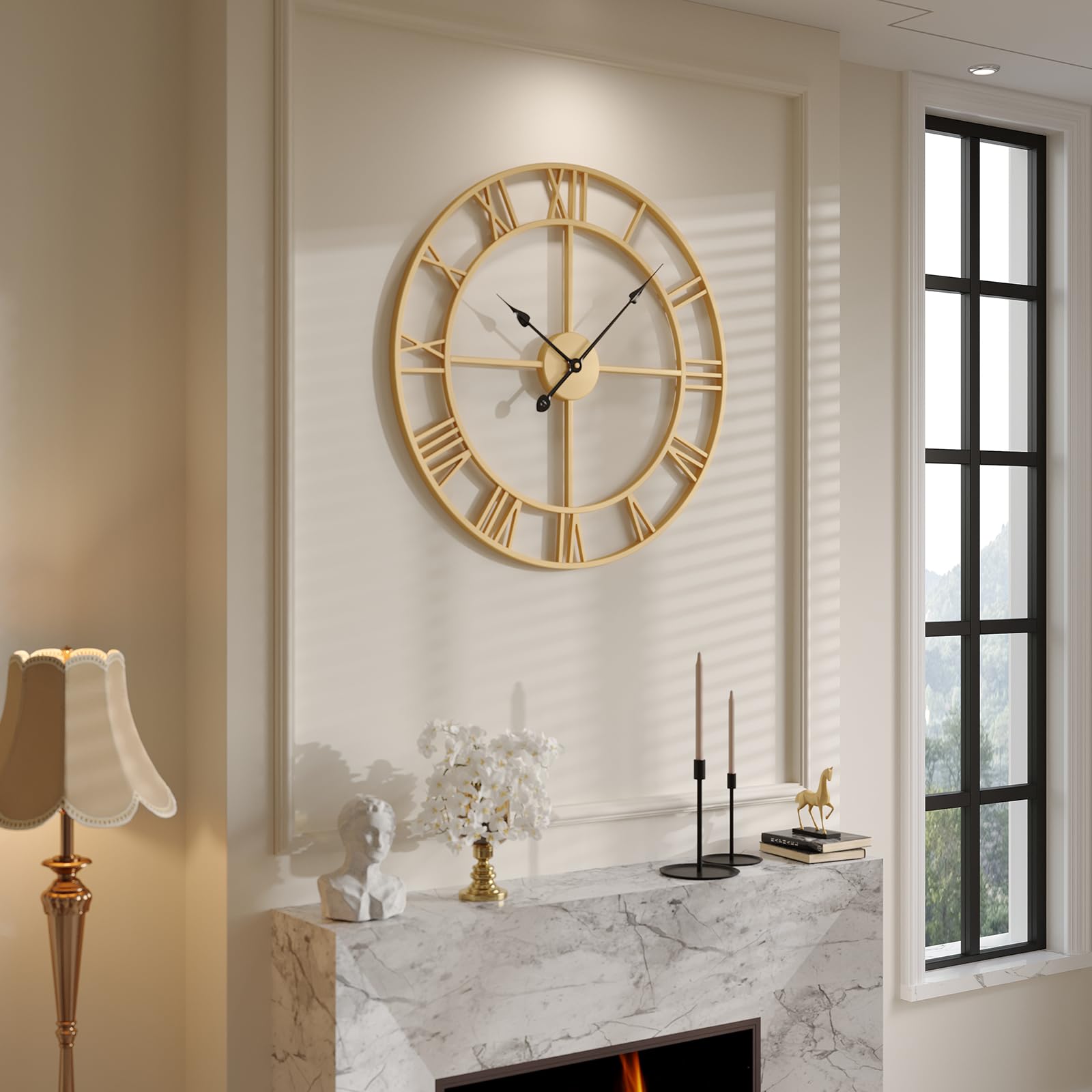 Photo 1 of Gold Wall Clock, 24 Inch Large Wall Clock for Living Room Kitchen Mantel, Completely Silent Non Ticking Battery-Operated Metal Round Luxury Decorative Modern Clock - Roman Number