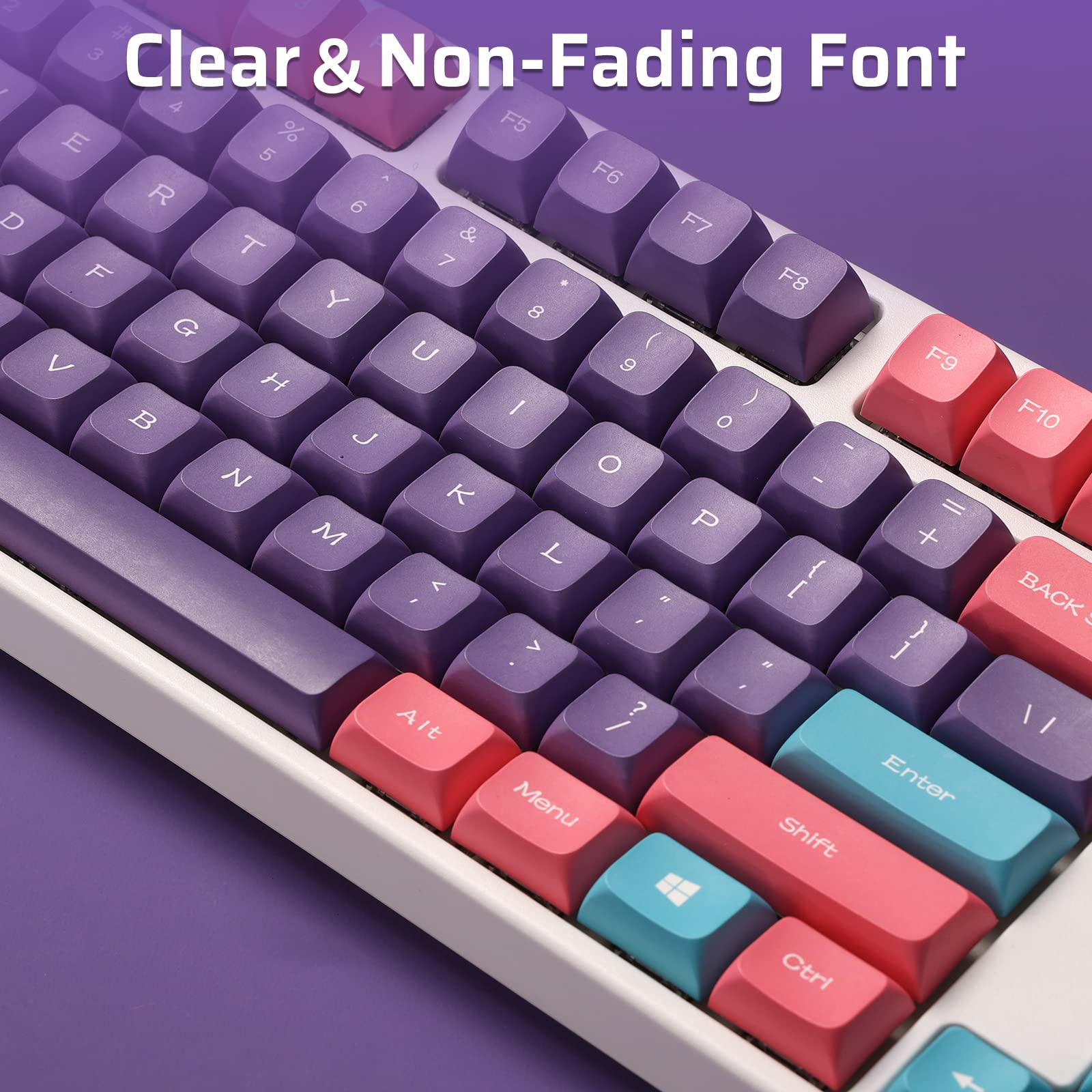 LTC LavaCaps PBT Double Shot 112-Key Sublimation Keycaps Set, KDA Profile for ANSI Layout 61/68/84/87/98/104 Keys Mechanical Keyboard, with Keycap Puller - (Only Keycaps), Neon Purple