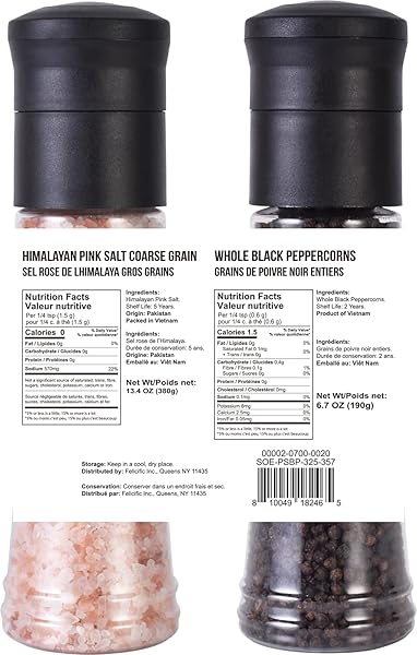 SOEOS WHOLE BLACK PEPPERCORNS, 6.7OZ (190G) AND HIMALAYAN PINK SALT, 13.4OZ (380G), PLASTIC BOTTLE GRINDER WITH SPICE GRINDER WITH SALT AND PEPPER SHAKER, SALT AND PEPPER SET.