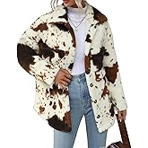 HBER Women's Casual Faux Fur Jacket Trendy Long Sleeve Button Up Cow Print Autumn Winter Loose Sherpa Fur Coats with Pockets