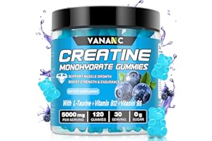 Vananc Creatine Monohydrate Gummies 5000 mg for Men & Women, Sugar-Free,Low in Calories,with L-Taurine + Vitamins for Increasing Muscle Strength, improving Endurance,Made in The USA, 120 Gummies