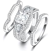 MDFUN Three-In-One Square Wedding Engagement Ring,18K White Gold Plated Cubic Zirconia Promise Eternity Ring Set for Women
