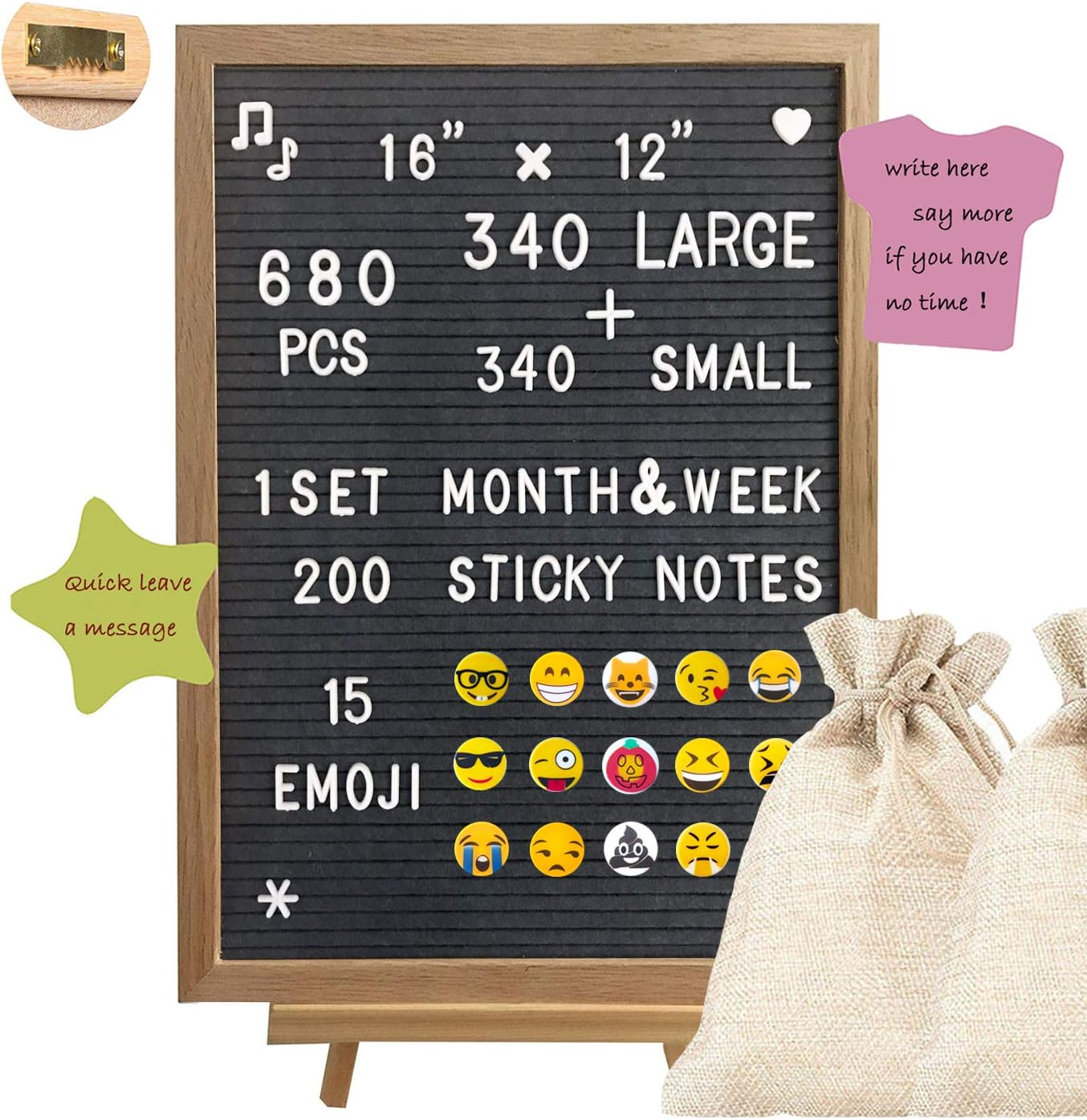 Felt Letter Board, Message Board, Changeable Letter Board, - 16x 12 Felt Board with 680 Letters, Date Set, Oak Frame, Wooden Stand, 15 Colorful Emojis (16x12)