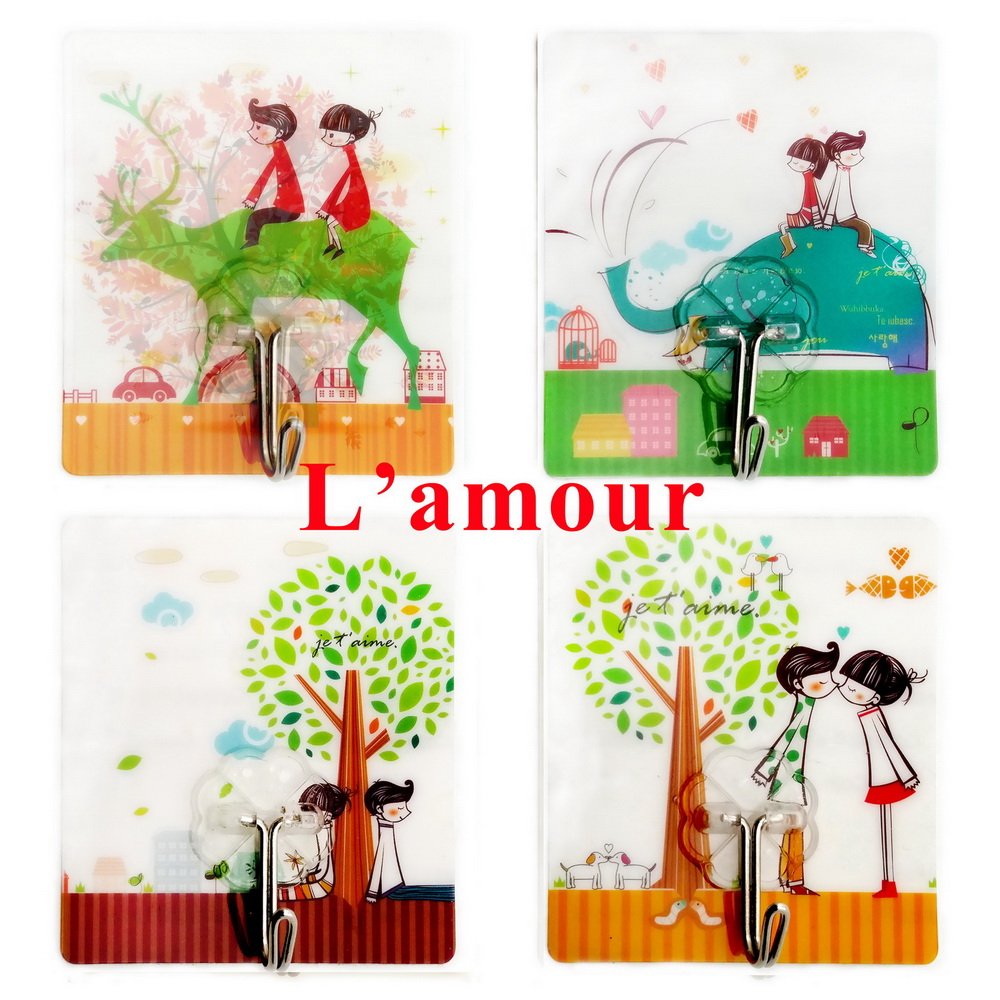 Adhesive Hooks Romantic Artistic Fashionable Traceless Strong Eco-friendly Washable Removable Reusable Waterproof Heavy-duty Flexible Durable, Max Load 22lb/10kg, 4+4 Packs (L’amour/L’océan)