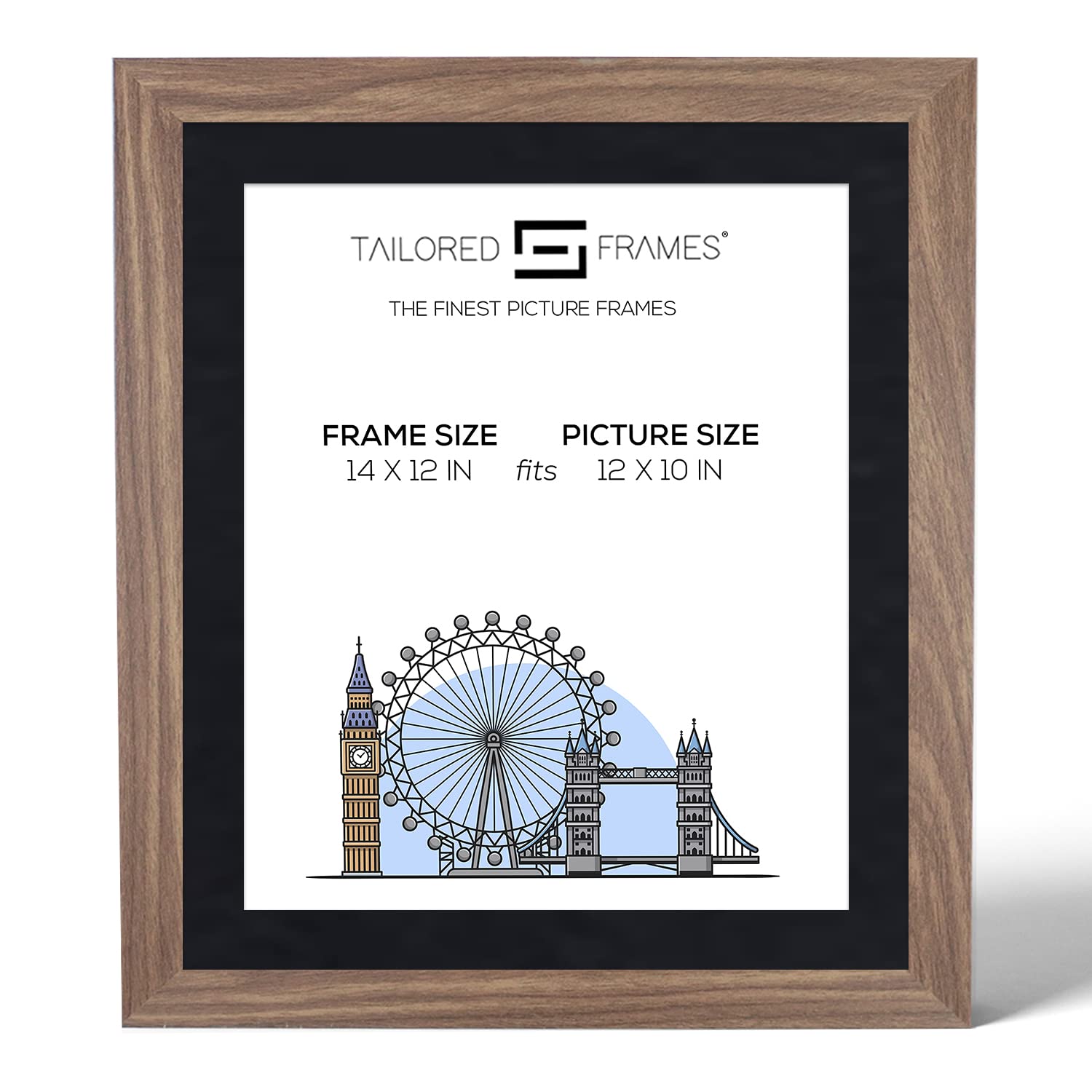 Tailored Frames Seattle Walnut 14" x 12" Frame for 12" x 10" Picture | Single Picture Frames | Wall Hanging Type | Photo Frame With Black Mount