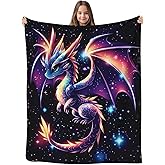 GNEW Cute Galaxy Dragon Throw Blanket, Kawaii Dragon Gifts for Kids, Sparkle Galaxy Starry Stars Animal Print Blanket, Blue Purple Pink Black, 50"x40"