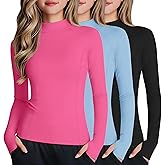 LessonZoo 3 Pack Girls Long Sleeve Athletic Shirts Mock Turtleneck Quick Dry Tops Kids Sports Yoga Tees with Thumb Holes