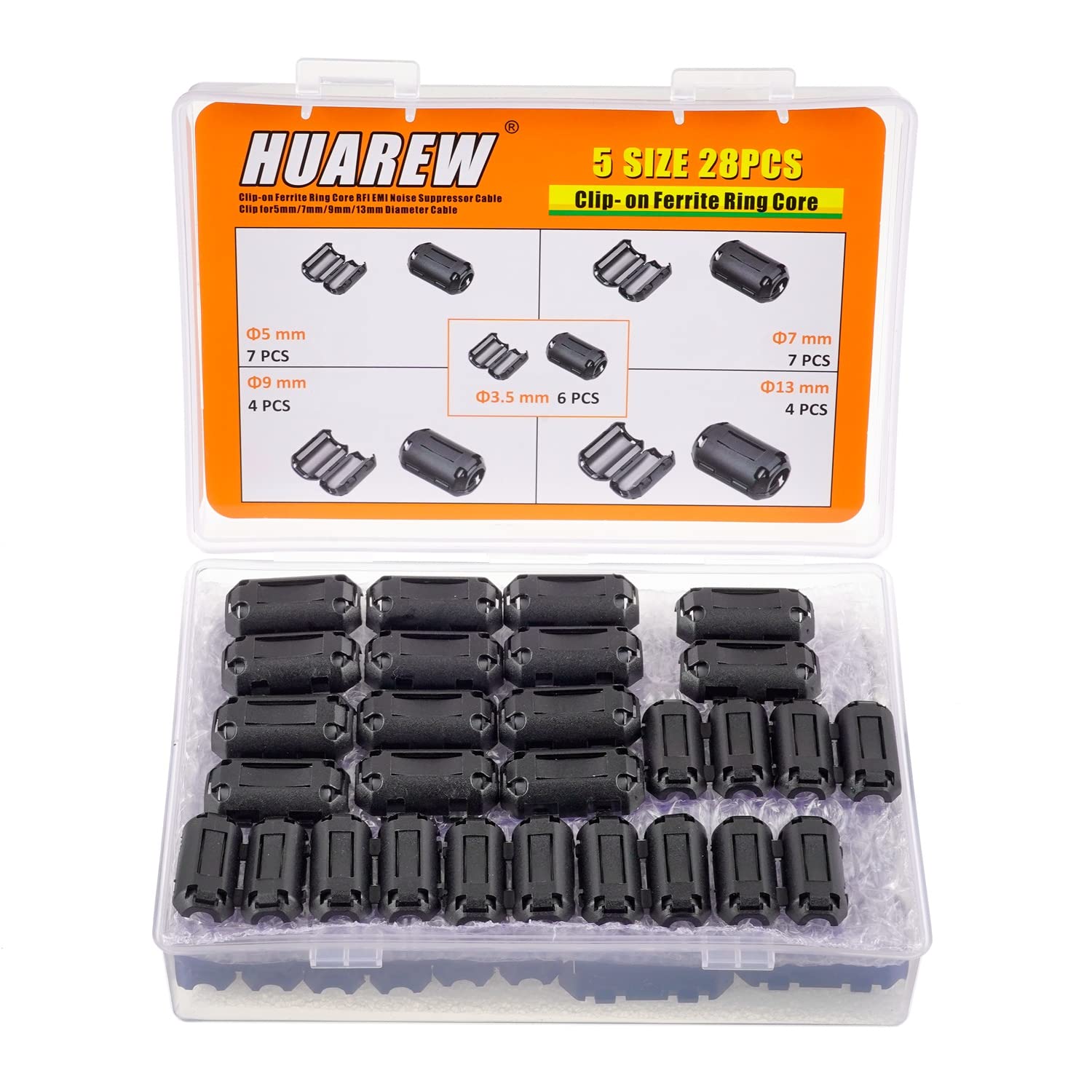 HUAREW Black Clip-on Ferrite Ring Core Ferrite Choke RFI EMI Noise Suppressor Cable Clip for 3.5mm 5mm 7mm 9mm 13mm Diameter Cable(5 Values 28 Pcs）