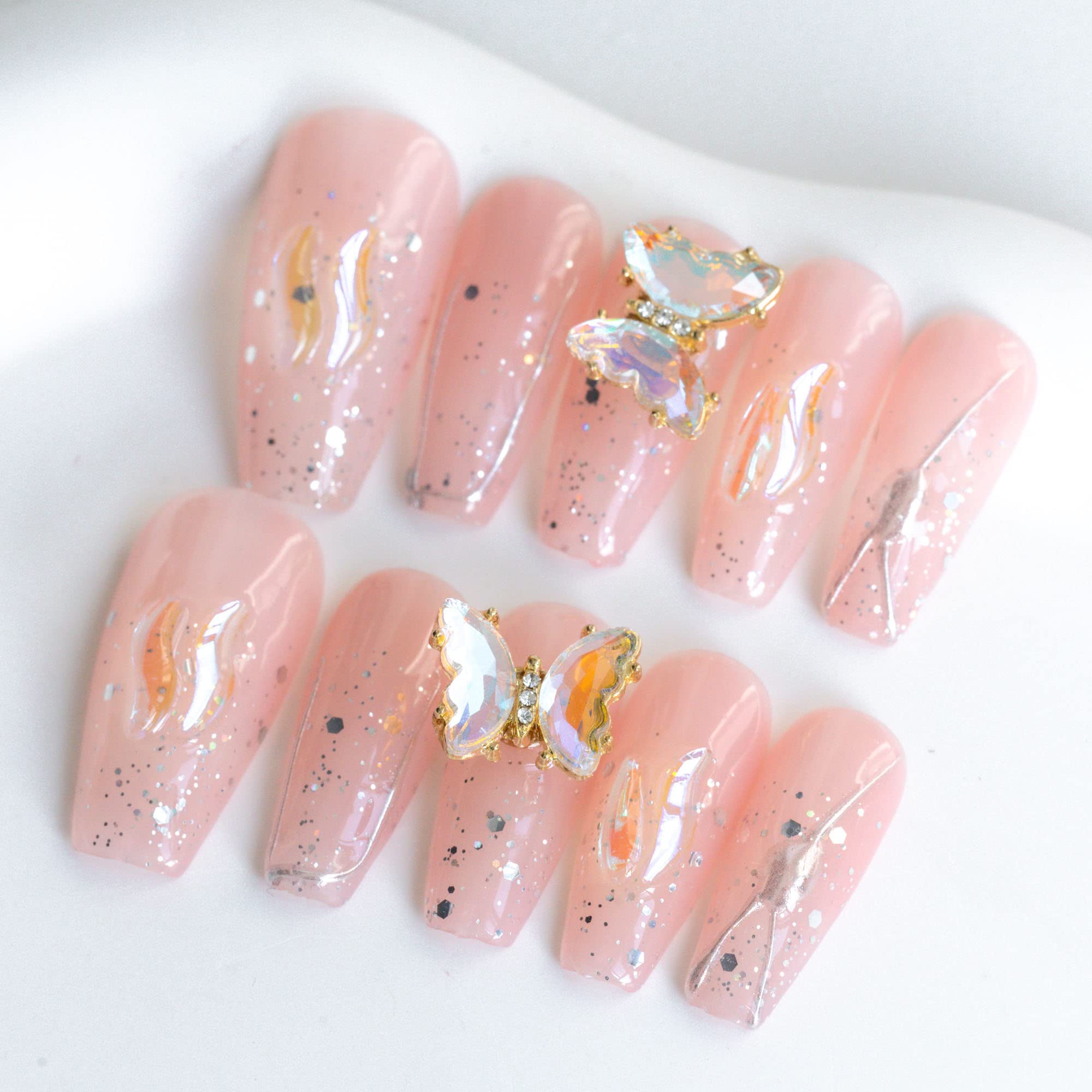 Sun&Beam Nails Handmade Long Coffin Ballerina Pink False Nail Tips with Cute 3D Spinning Butterfly Popular Charm Design Press On Nails 10 Pcs (#45 XS) — image 1