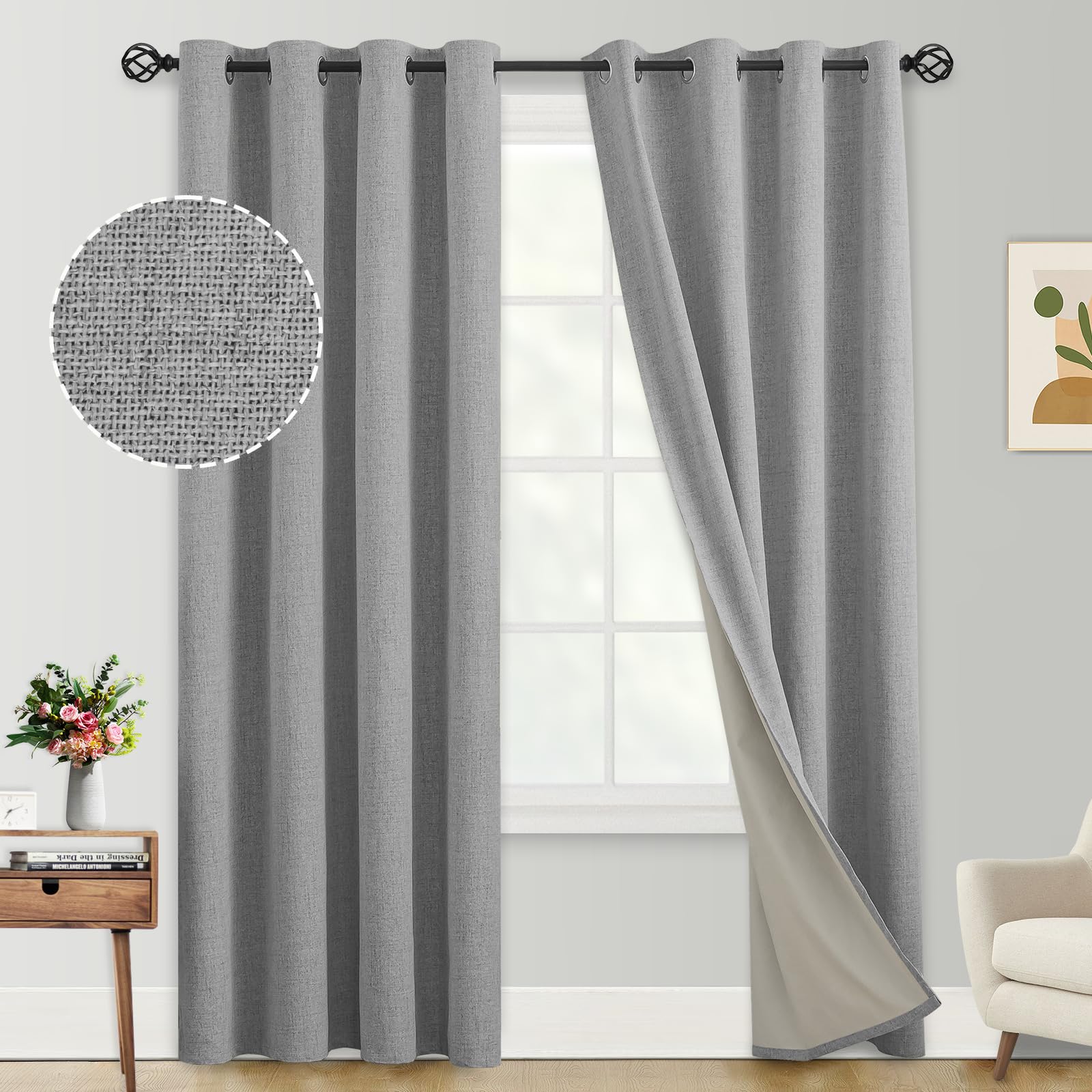 Yakamok Linen Light Grey Curtains 100% Blackout for Bedroom,Room Darkening Grommet Window Drapes 84 inches Long,Thermal Insulated with Greyish-White Lining,2 Panels,52x84 inch Image