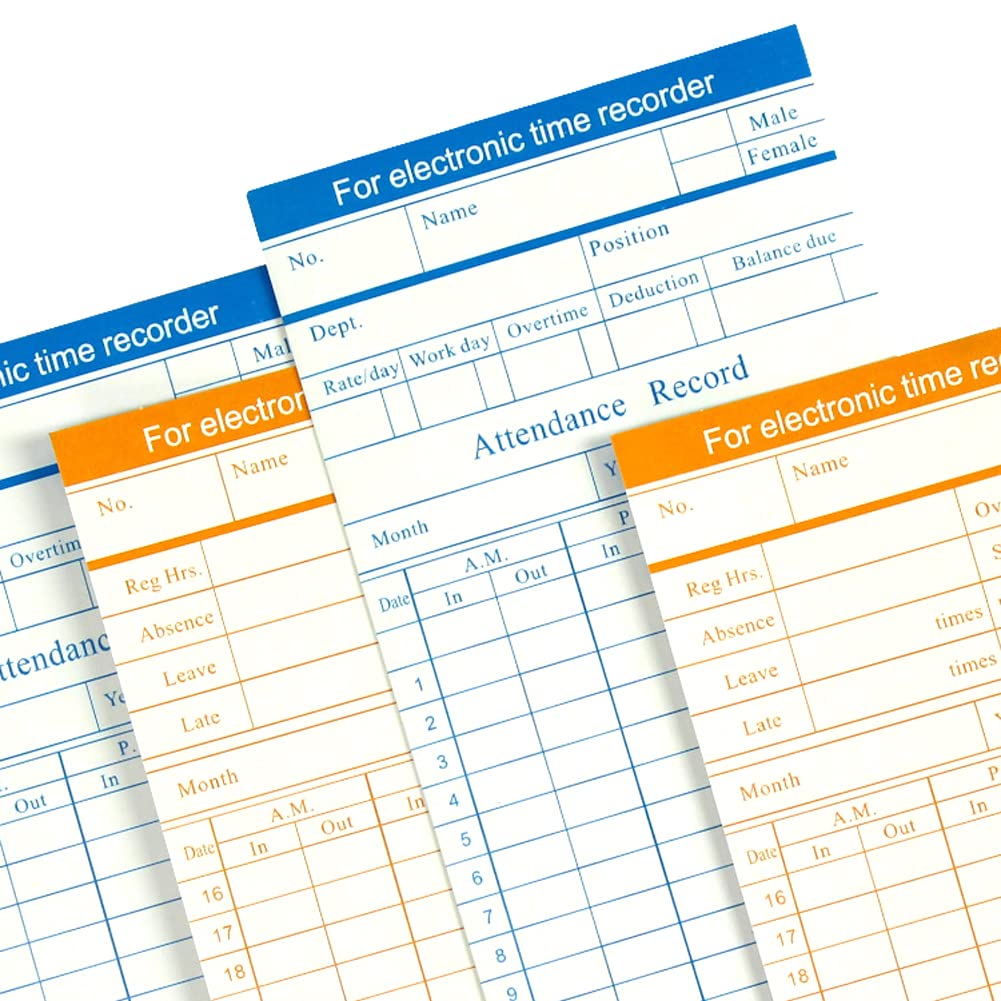 Photo 1 of 100-Piece Time Cards for Employees, Monthly Time Cards 2-Sided, 2-Color Timecards for Time Clocks, Blue/Orange Print, 7-3/8 x 3-3/8 Inch