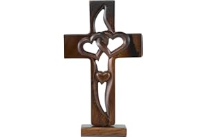 DAICAT - Handcarved Wood Cross with Intertwined Hearts, Crosses Wall Decor, Hand Made Wall Hanging Art Décor, Grift for Wedding (No 6)