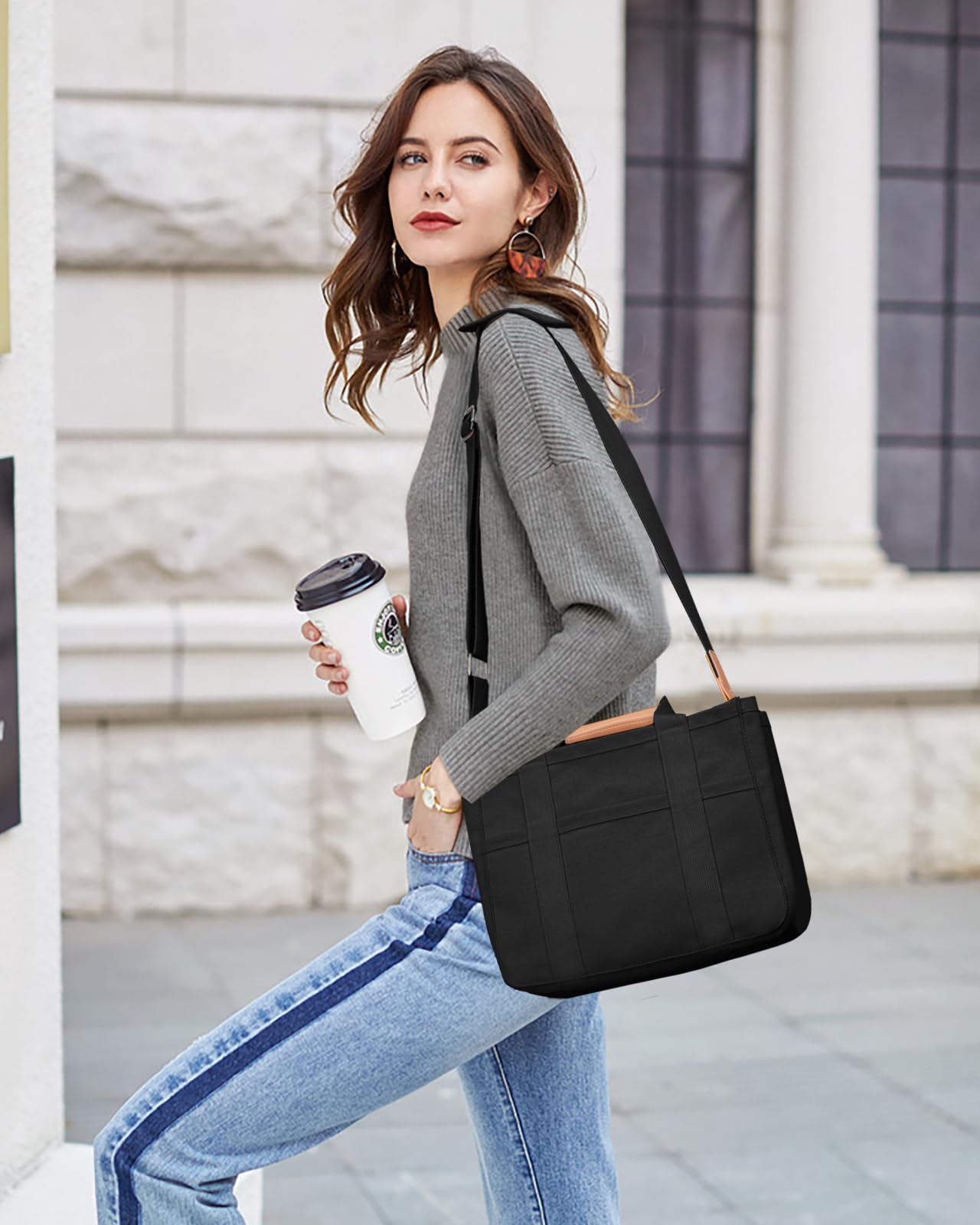 Canvas Tote Bag with Multi-Pocket for Women Large Crossbody Shoulder Handbag Everything Tote Bag with Compartments