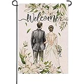 Artofy Welcome Bride Groom Wedding Small Decorative Garden Flag, Romantic Lily Flower Yard Lawn Outside Decor, Engagement Anniversary Party Burlap Outdoor Home Decoration Double Sided 12 x 18