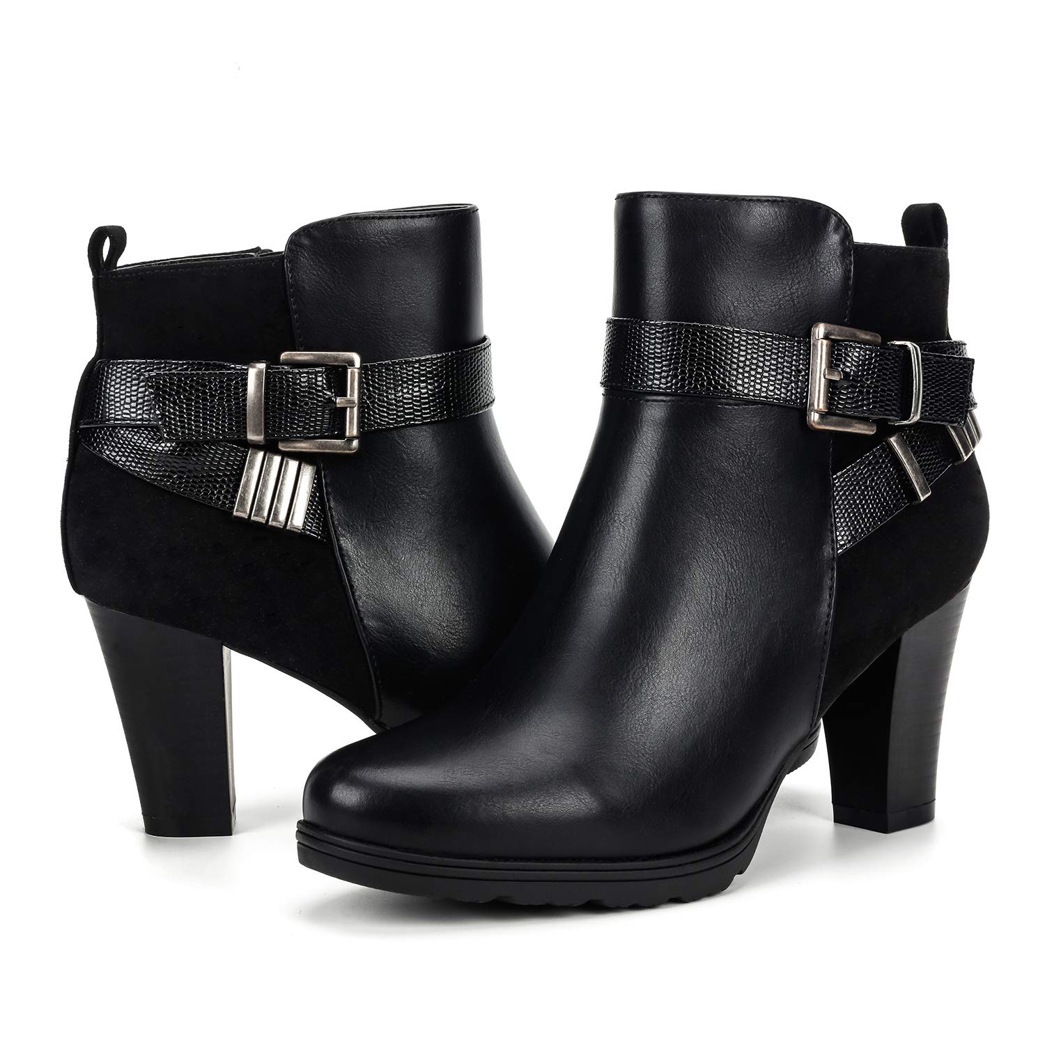 mysoft Women's Zipper Booties Chunky Stacked Heel Ankle Boots Buckle Strap Ankle Image