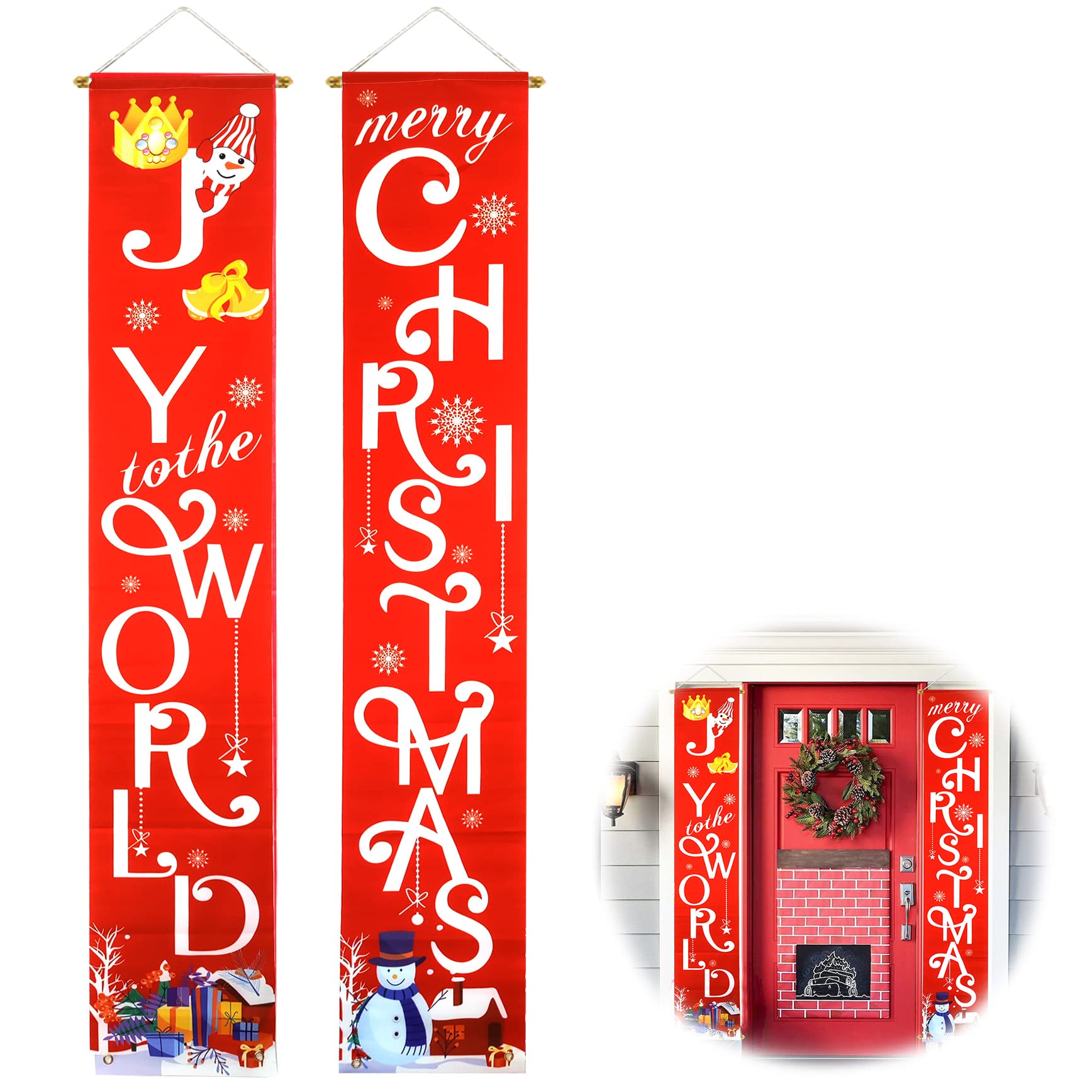 Ginfonr Christmas Couplet Hanging Banner Xmas Ornament Party Decoration Porch Sign Creative Decorative, Joy to The World and Merry Christmas Hanging Banners, DIY Festival Door Flags Accessories