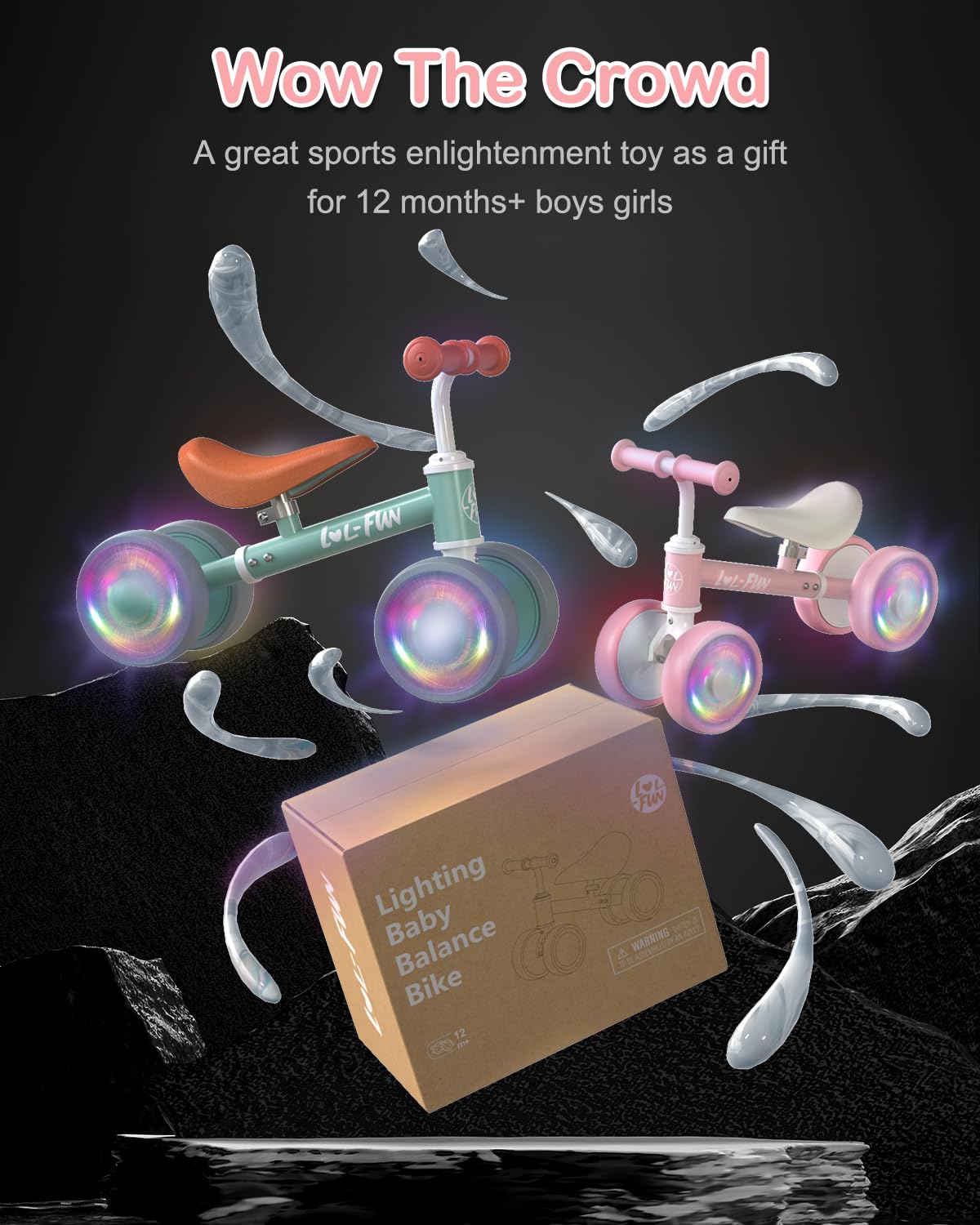 LOL-FUN Baby Balance Bike for 1 Year Old Boys Girls Toy Birthday Gift, Colorful Lighting Balance Bike for Toddlers 12 18 Months with 4 LED Wheels & Adjustable Seat