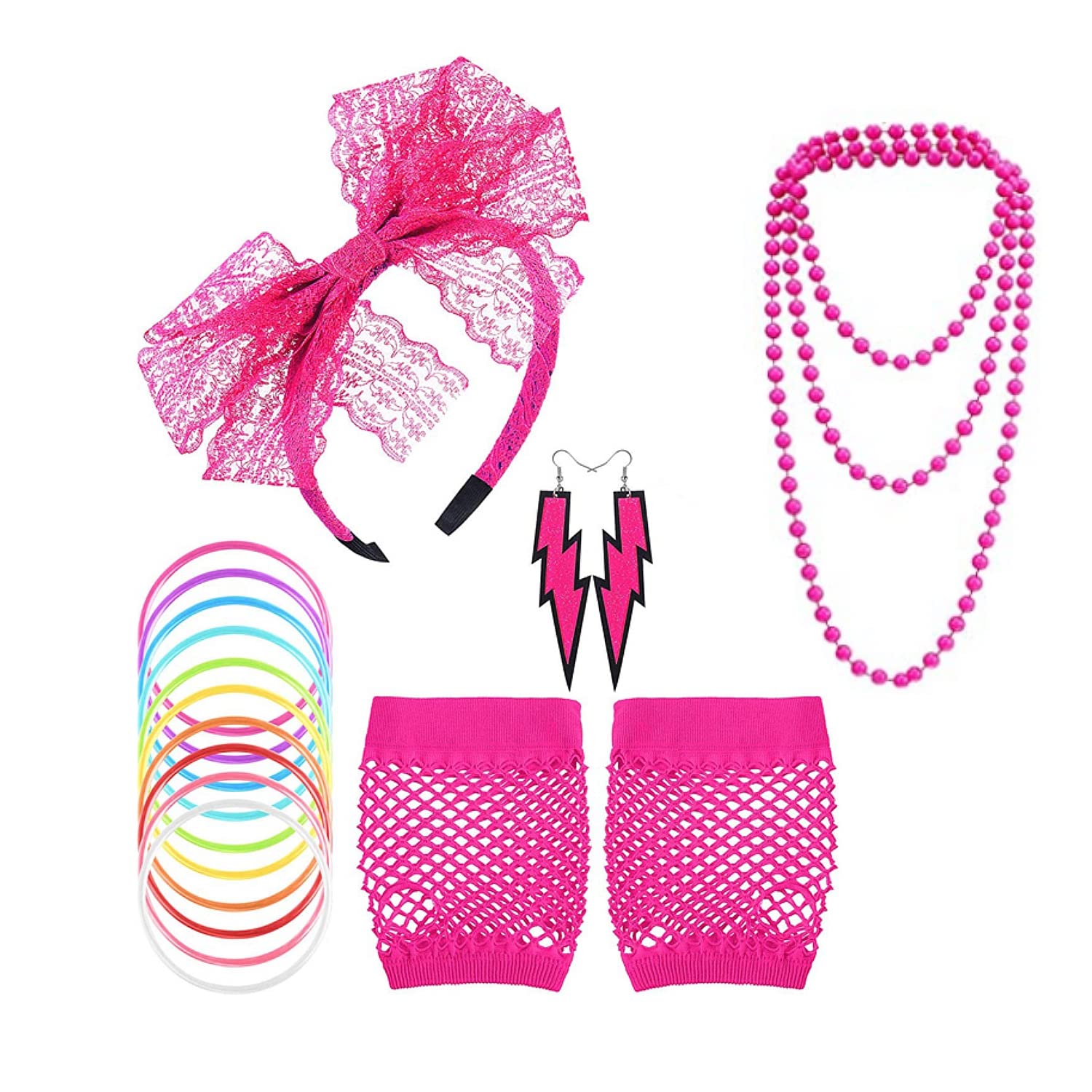 JZK 80s Costume party accessories set, lace headband earrings fishnet gloves necklace bracelet for women and girl(rose red)