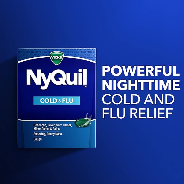 VICKS NYQUIL COLD & FLU RELIEF OVER-THE-COUNTER MEDICINE, POWERFUL MULTI-SYMPTOM NIGHTTIME RELIEF FOR HEADACHE, FEVER, SORE THROAT, MINOR ACHES & PAINS, SNEEZING, RUNNY NOSE, AND COUGH, 48 LIQUICAPS