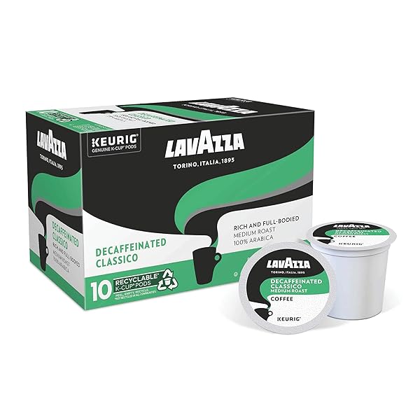 LAVAZZA CLASSICO DECAF SINGLE-SERVE COFFEE K-CUPS FOR KEURIG BREWER, MEDIUM ROAST, 10 COUNT BOX ,RICH AND FULL-BODIED FLAVOR DELIVERS A UNIQUELY INTENSE AROMA OF DRIED FRUITS, 100% ARABICA COFFEES