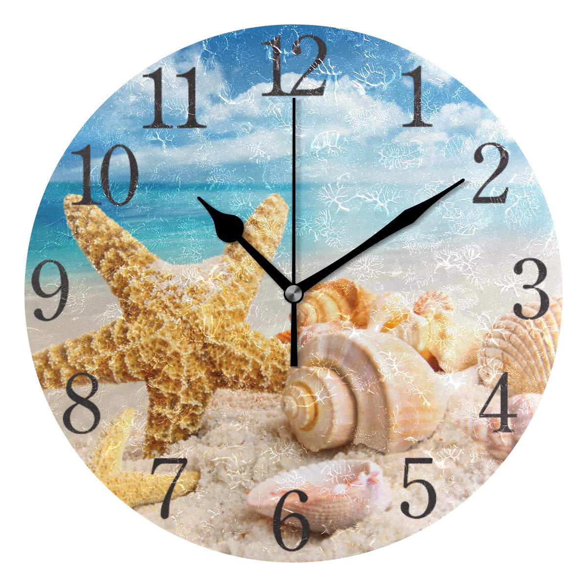 ISAOA 9.4 Inches Modern Wall Clock,Starfish And Seashells On The Beach Silent Non-ticking Round Desk Clock Cube Clock for Bedrooms,Kids,Living Room,Kitchen