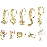HekouJiub 20G Dangle Nose Ring Hoops, 10Pcs Dangling Nose Piercing Jewelry Set, L Shaped Dangling Stud - CZ Heart Flower Butterfly Piercing Jewelry for Women