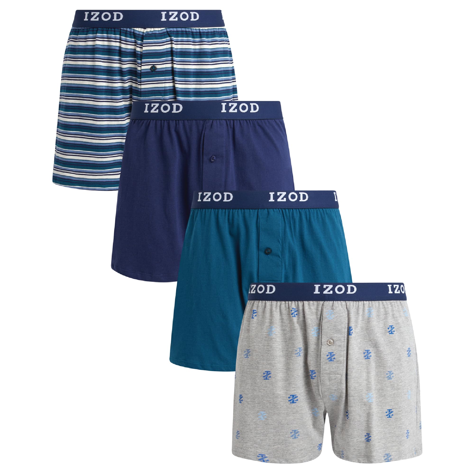 IZOD Mens Underwear Boxer Shorts - 4 Pack Soft Performance Knit 4'' Inseam Relaxed Fit Cotton Boxers for Men with Button Fly, Size Small, Blue/Blue Print/Medieval Blue/Heather Grey Print Image