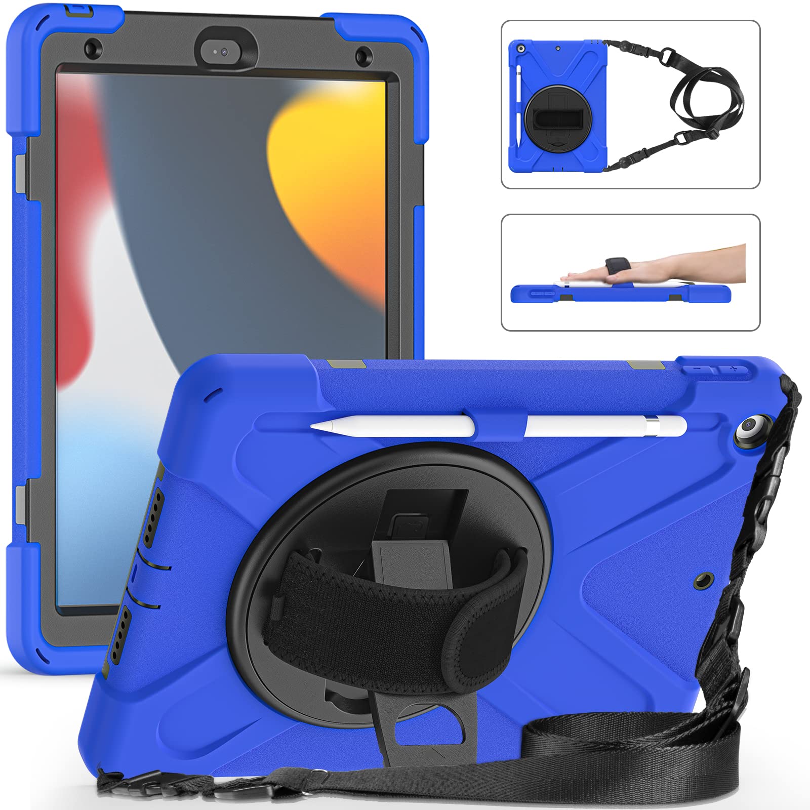UFinetech iPad 9th Generation Case, iPad 10.2 2019 Case, iPad Case 7th/8th, 360 Rotate Stand Hand Strap Shoulder Strap Pencil Holder, Drop-Proof Rugged Protective Kids iPad Case 2021/2020/2019, Blue