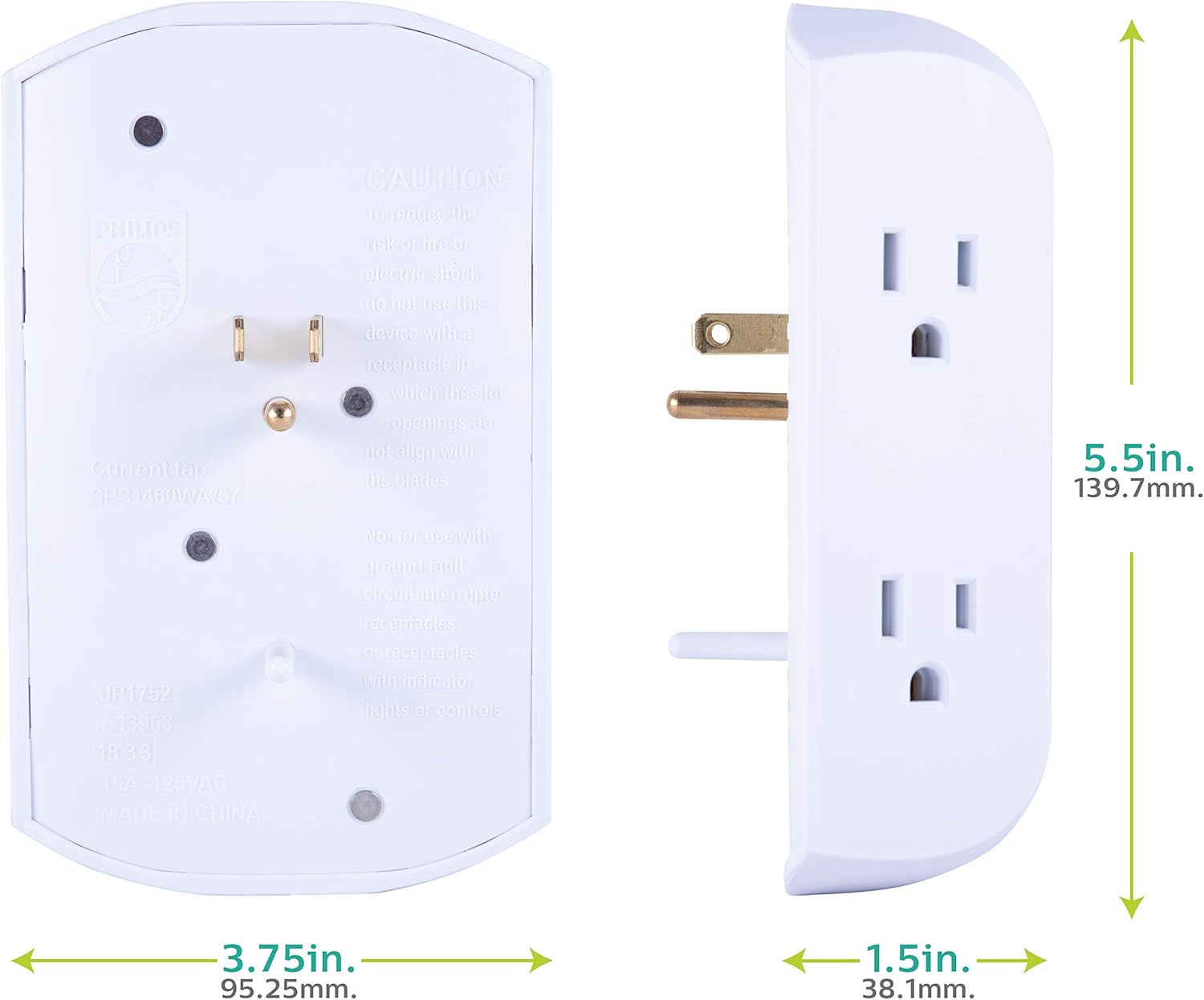 Philips 6 Outlet Wall Plug Adapter Power Strip, Extra Wide Spaced Outlets for Cell Phone Charger, Power Adapter, 3 Prong, Multi Outlet Wall Charger, White, SPS1740WA/37: Home Improvement