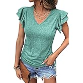 Womens Summer Tops Ruffle Short Sleeve Side Tie Drawstring V Neck T-Shirts Solid Color Casual Tunic Blouses Shirts