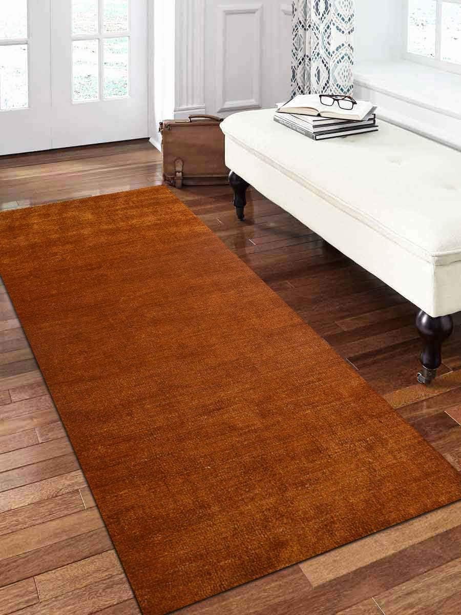 Rugsotic Carpets Hand Knotted gabbeh Silk 2' 6''x10' Runner Rug Solid Gold LS0111
