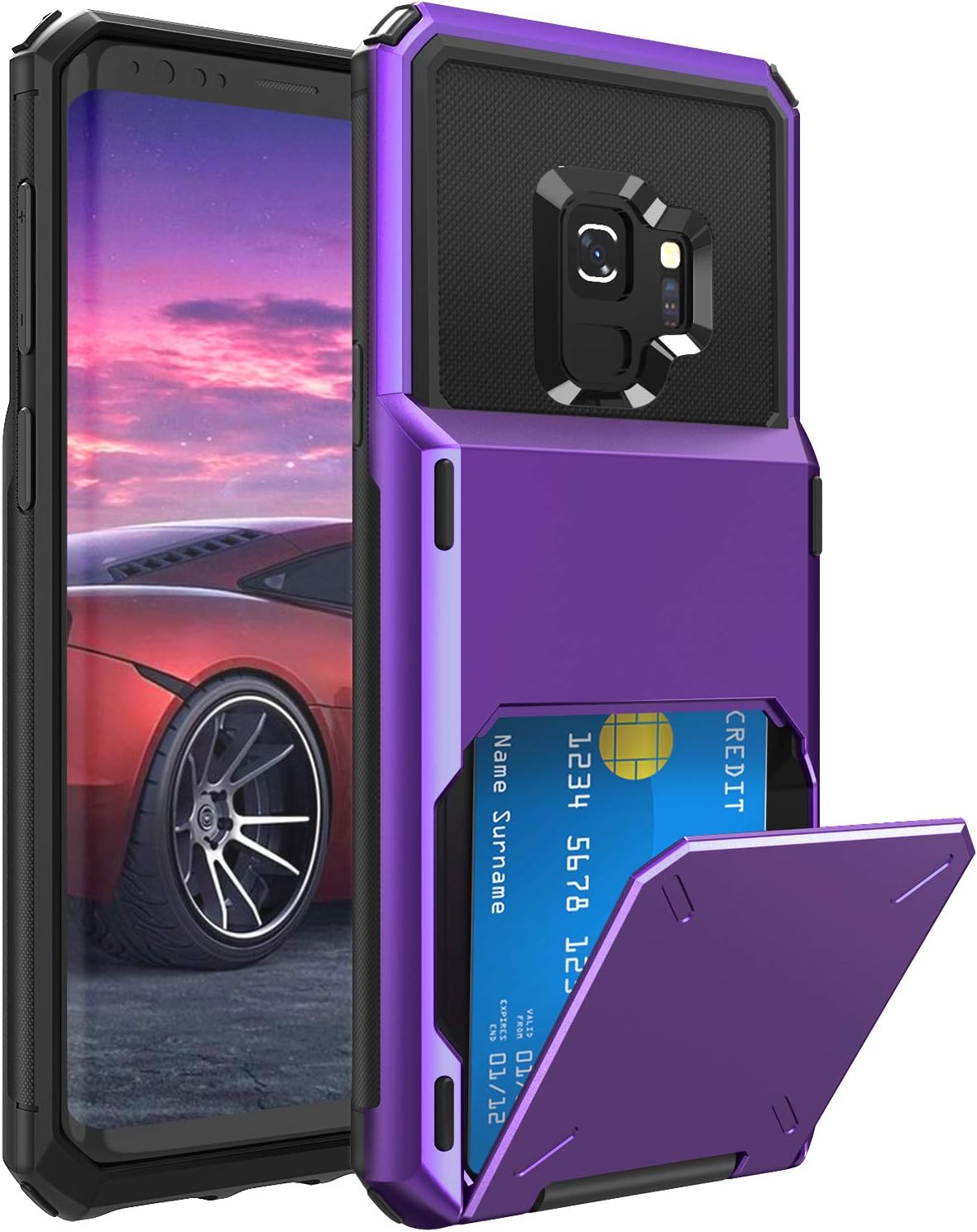 ELOVEN Wallet Card Series for Galaxy S9 Case with Card Slot Hidden Credit Card ID Cover Shock Absorption Heavy Duty Drop Protection Rugged Bumper Protective Cover for Samsung Galaxy S9,Purple