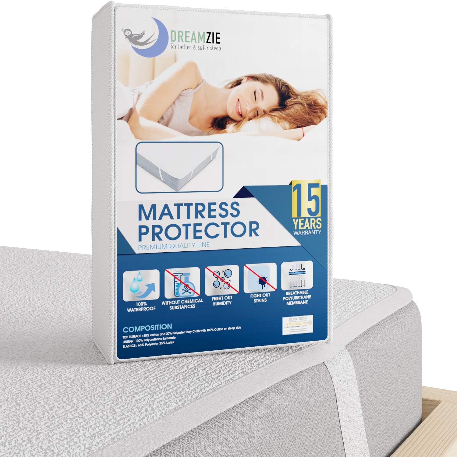 Dreamzie Mattress Protector Waterproof with 4 Elastic Corners - Made in EU - OEKO-TEX® Certified- For Mattress 140 x 200 cm