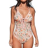 CUPSHE Women's One Piece Swimsuit Plunging V Neck Bathing Suit Crisscross Back Tie Slimming Color Block