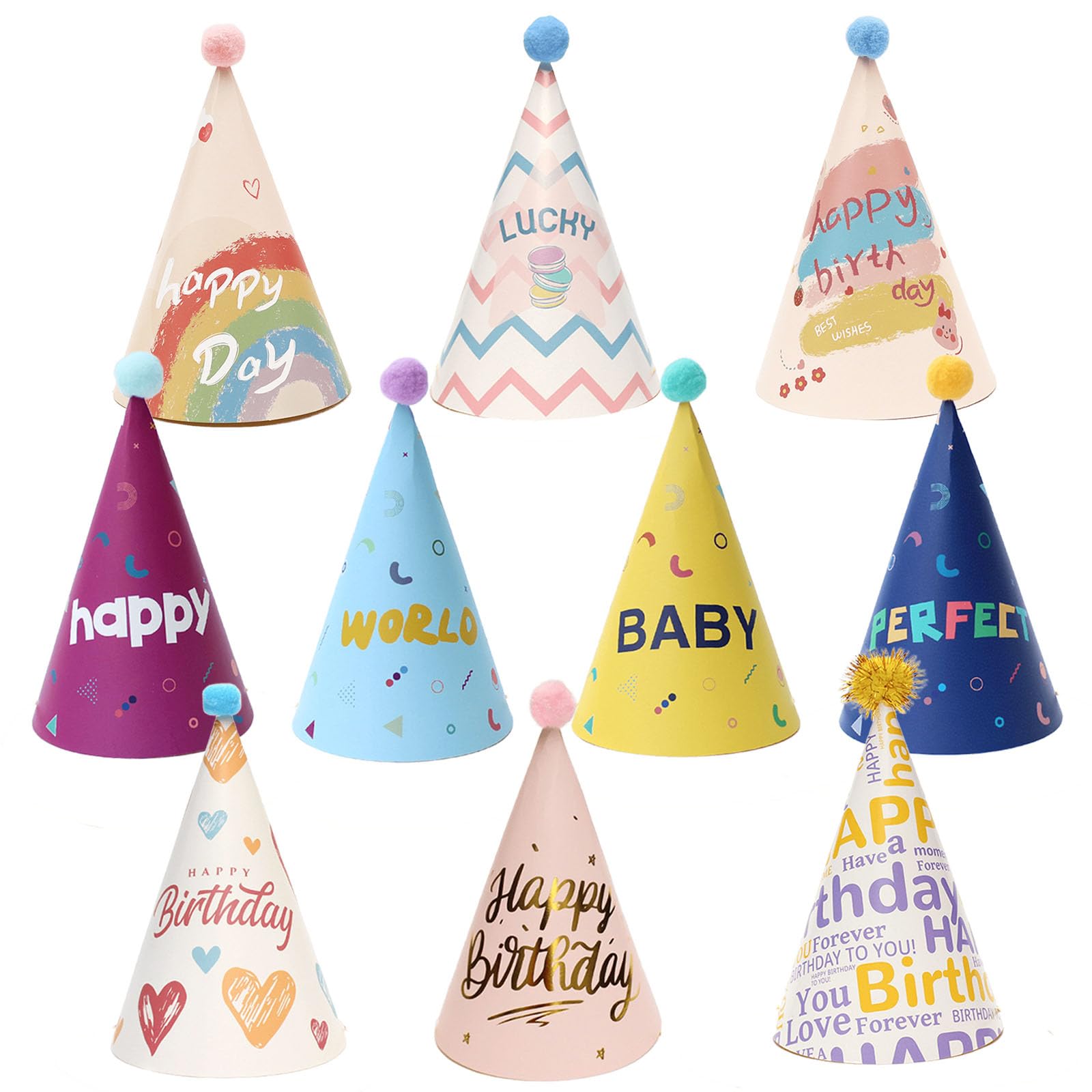 VGRDTW 10 Styles Party Hats - Durable Thick Paper Birthday Hats for Adults Kids - Colorful Elastic Band Party Hats Set for Birthday, New Year, Christmas Celebration