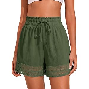Dokotoo Womens Shorts Summer Elastic Waist Drawstring Tassel Beach Cover Up | Eyelet Lace Trim,Tassel Hem,Bohemian,Beach,Pool