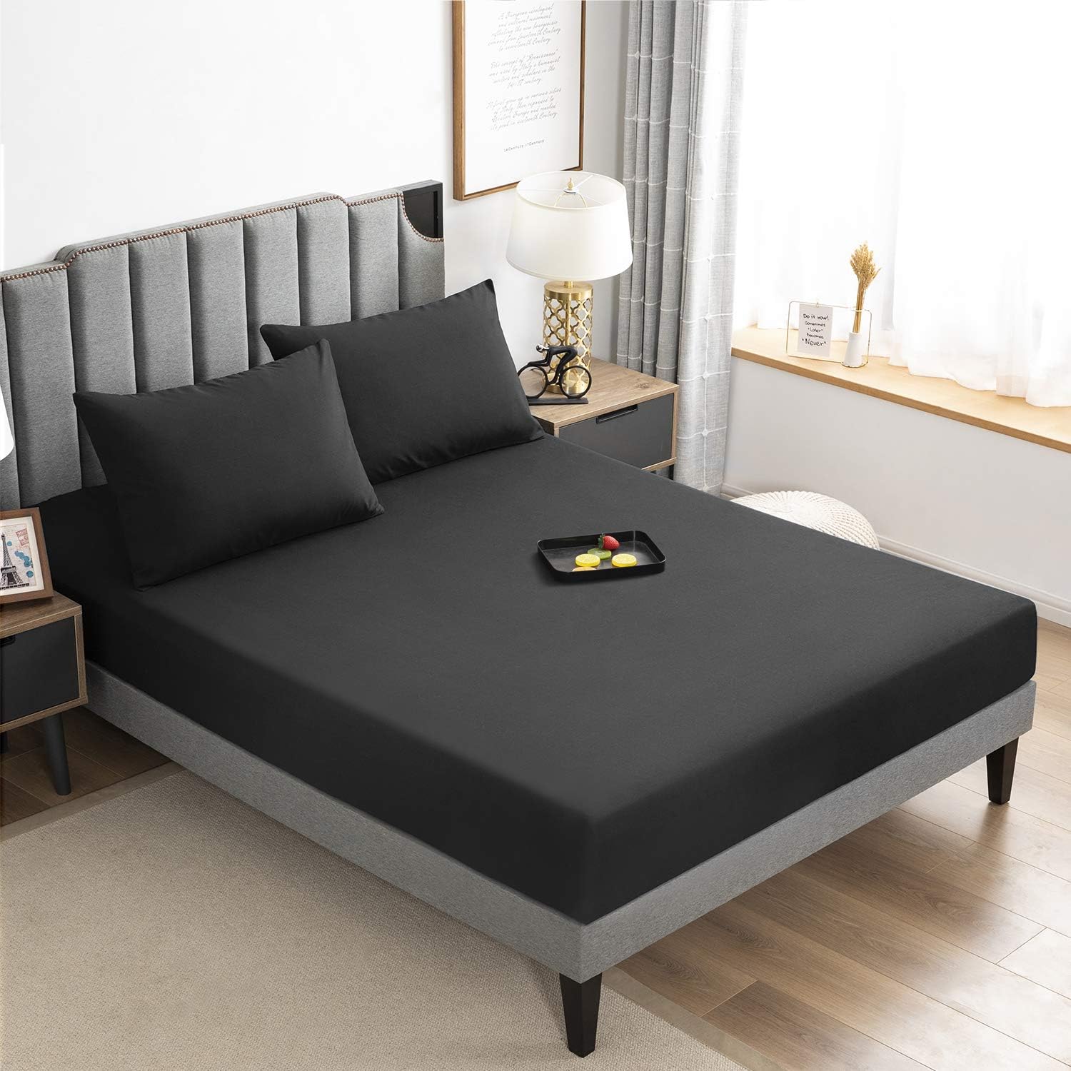 Allo Twin Size Fitted Sheet, Black Brushed Microfiber Bed