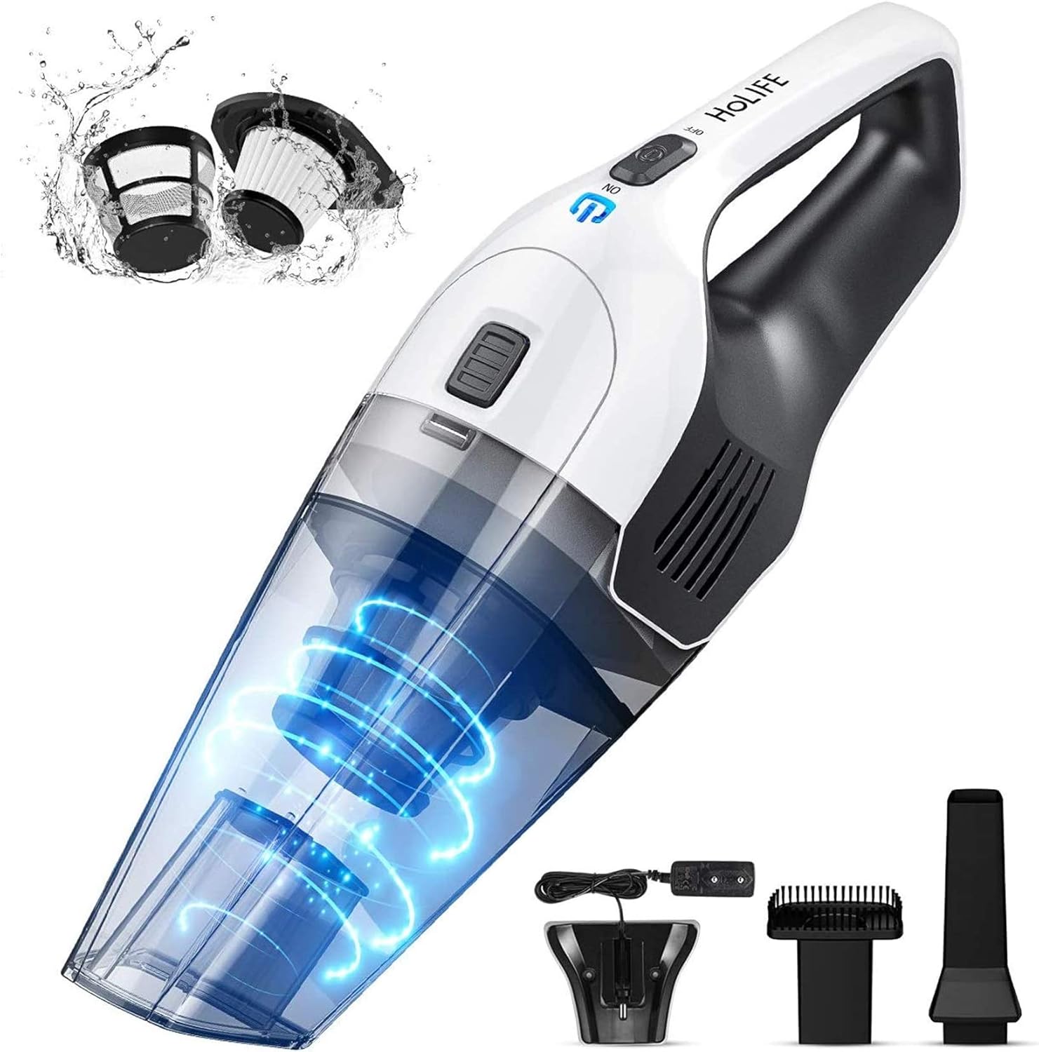 Holife Handstaubsauger Akku Beutellos 6000Pa, 11.1V /25min Handsauger Kabellos (870g, Doppel-Filtersystem, Wandhalterung, Rückschlagklappe, HEPA-Filter, Tragtasche) für Zuhause Autos (Nicht für Nass)